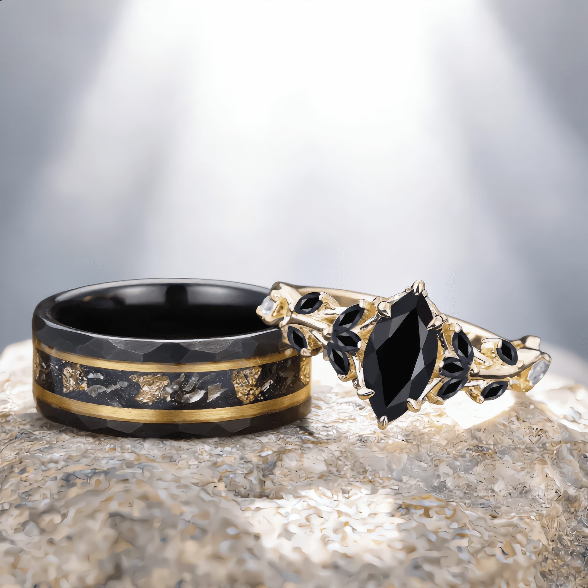 Vintage Leaf Branch Couple Ring Matching Wedding Band Black Onyx Engagement Ring Black Onyx and Men's Tungsten Ring Set - anerjuly