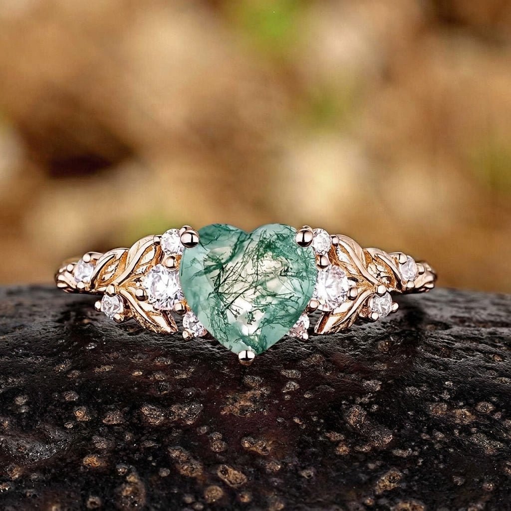 Vintage Leaf Cluster Heart Cut Green Moss Agate Engagement Ring - anerjuly