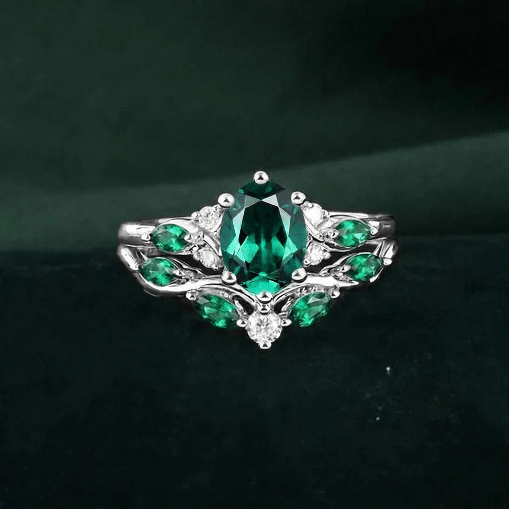 Vintage Leaf Oval Emerald and Black Tungsten Couple Ring Set with Green Opal Inlay - anerjuly