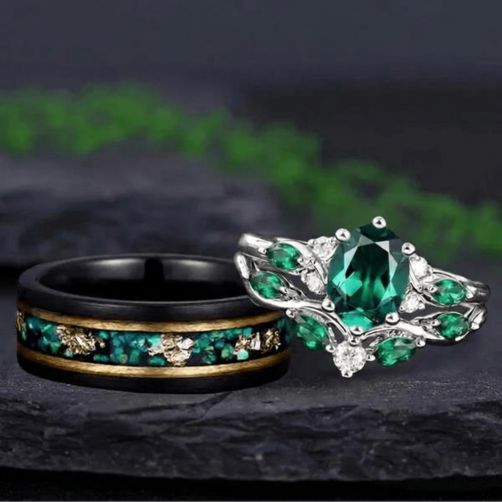 Vintage Leaf Oval Emerald and Black Tungsten Couple Ring Set with Green Opal Inlay - anerjuly