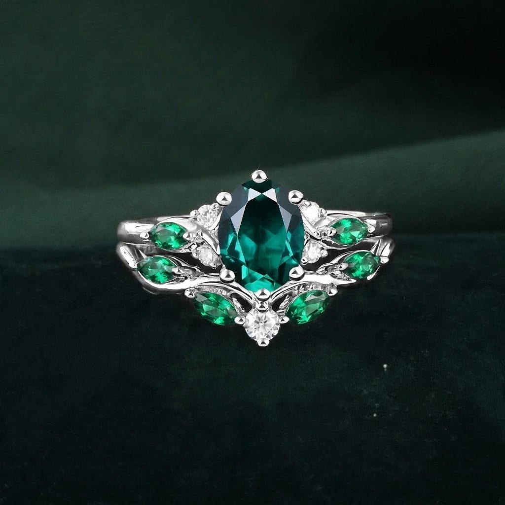 Vintage Leaf Oval Emerald Engagement Ring Set - anerjuly