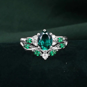Vintage Leaf Oval Emerald Engagement Ring Set - anerjuly