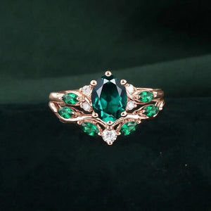 Vintage Leaf Oval Emerald Engagement Ring Set - anerjuly