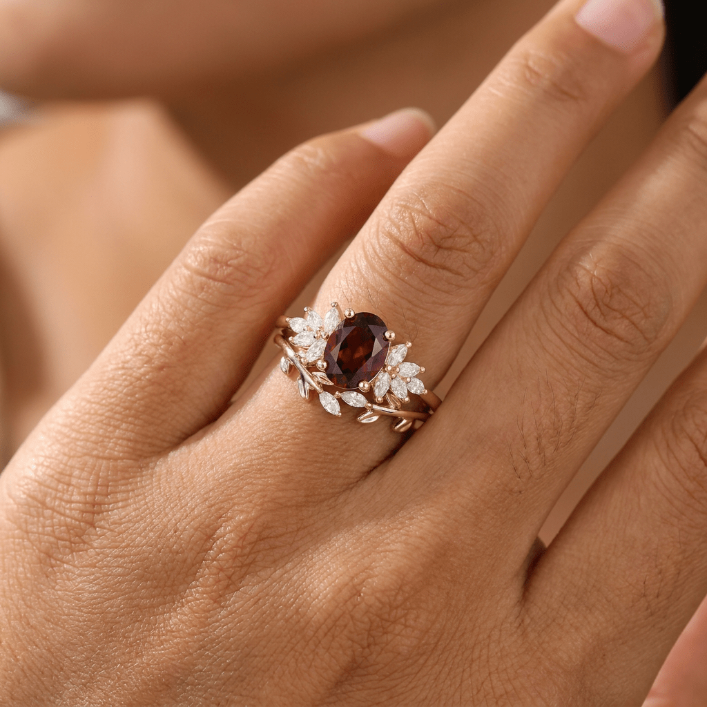 Vintage Leaf Oval Red Garnet Engagement Ring Set - anerjuly