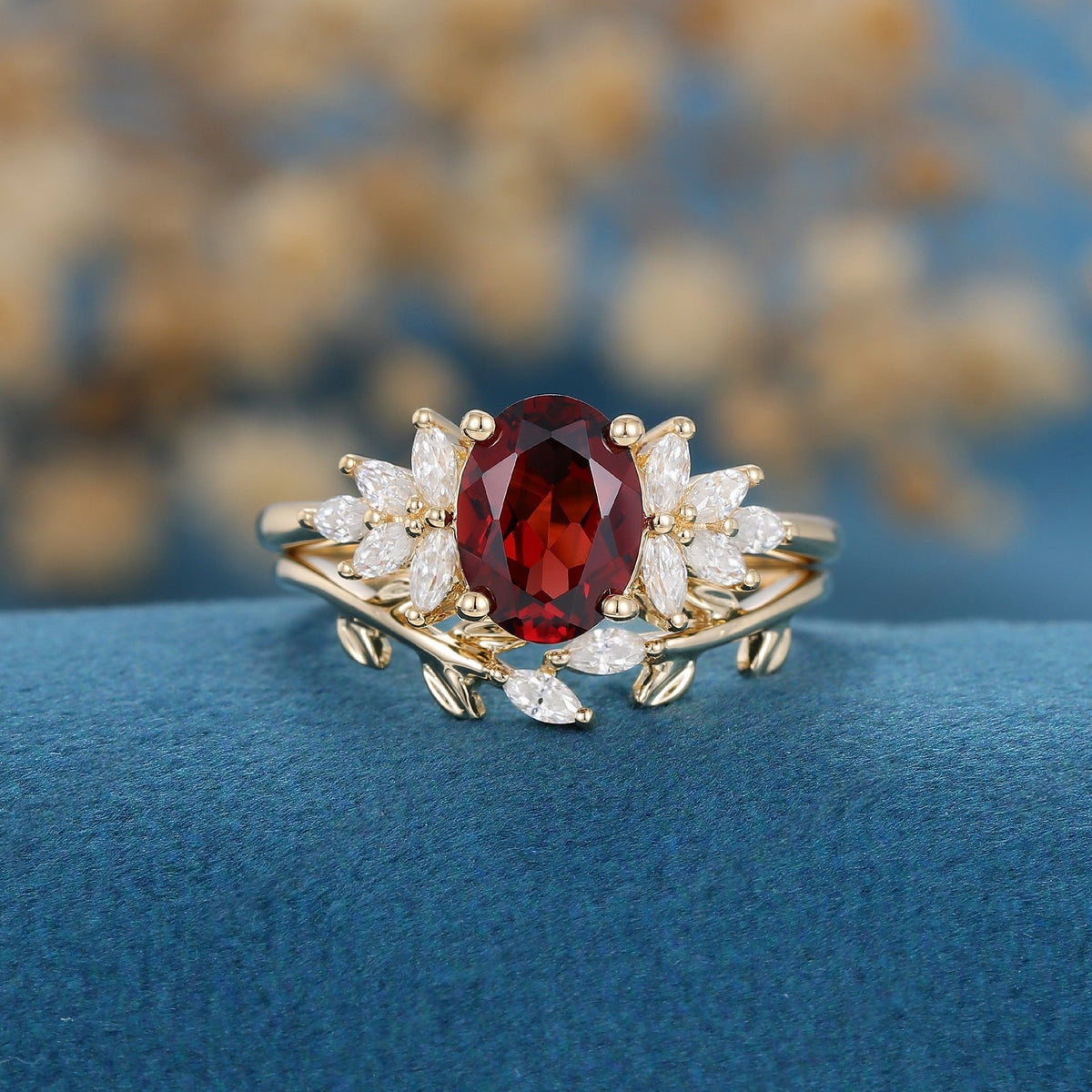 Vintage Leaf Oval Red Garnet Engagement Ring Set - anerjuly