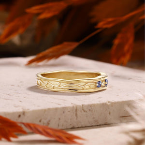 Vintage Leaf Vine Blue Sapphire Accent Wedding Band - anerjuly