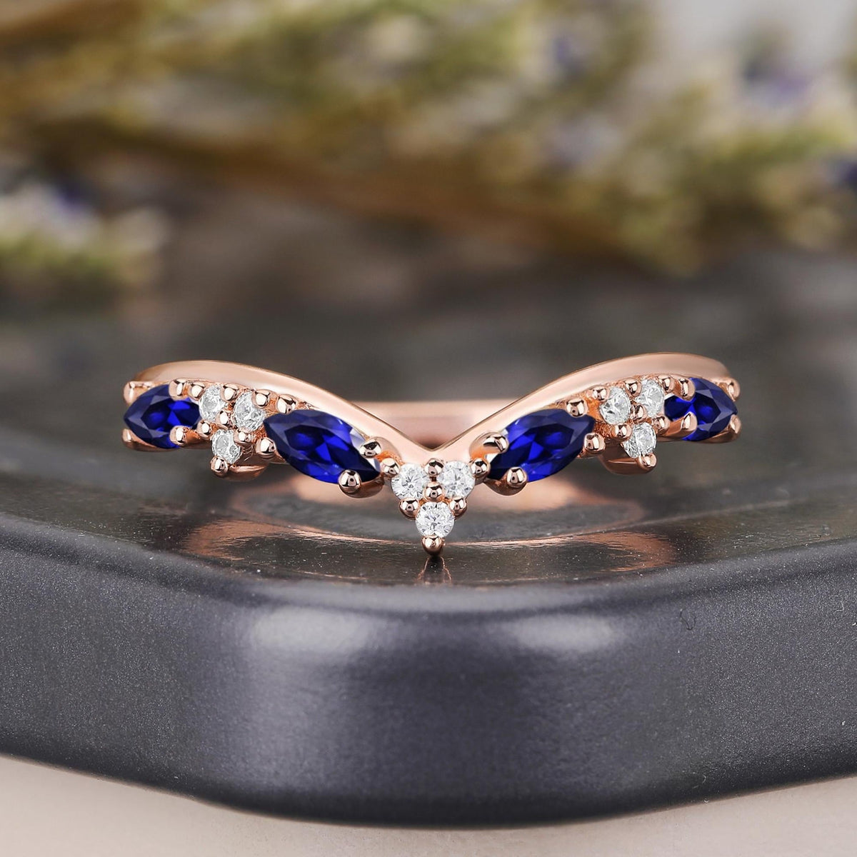 Vintage Marquise Blue Sapphire Curved Wedding Band - anerjuly