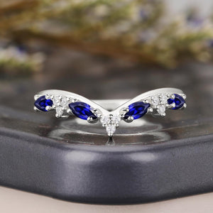 Vintage Marquise Blue Sapphire Curved Wedding Band - anerjuly