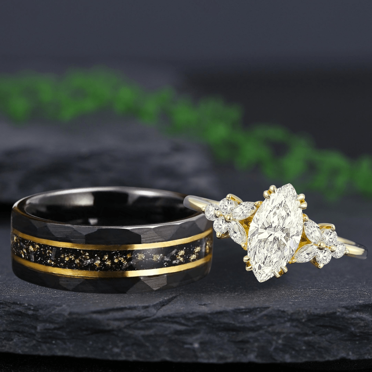 Vintage Marquise cut Moissanite Couple Ring Set His and Her Engagement Ring matching rings - anerjuly
