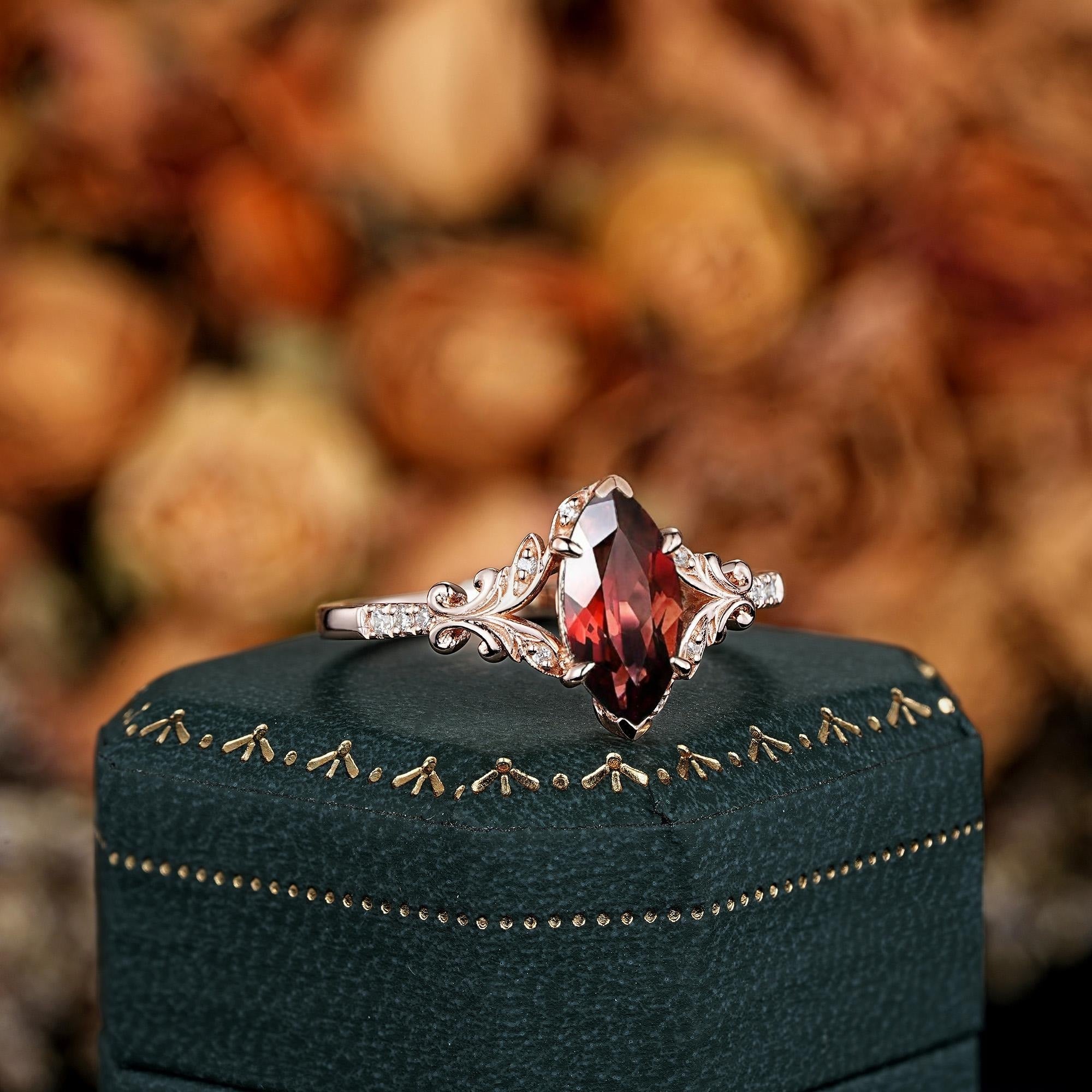 Vintage Marquise Cut Natural Red Garnet Engagement Ring Set Leaf Gold Women Bridal Promise Ring - anerjuly