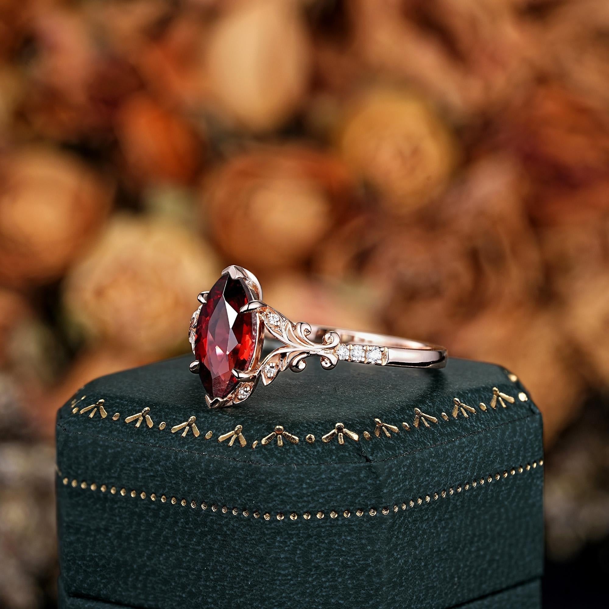 Vintage Marquise Cut Natural Red Garnet Engagement Ring Set Leaf Gold Women Bridal Promise Ring - anerjuly