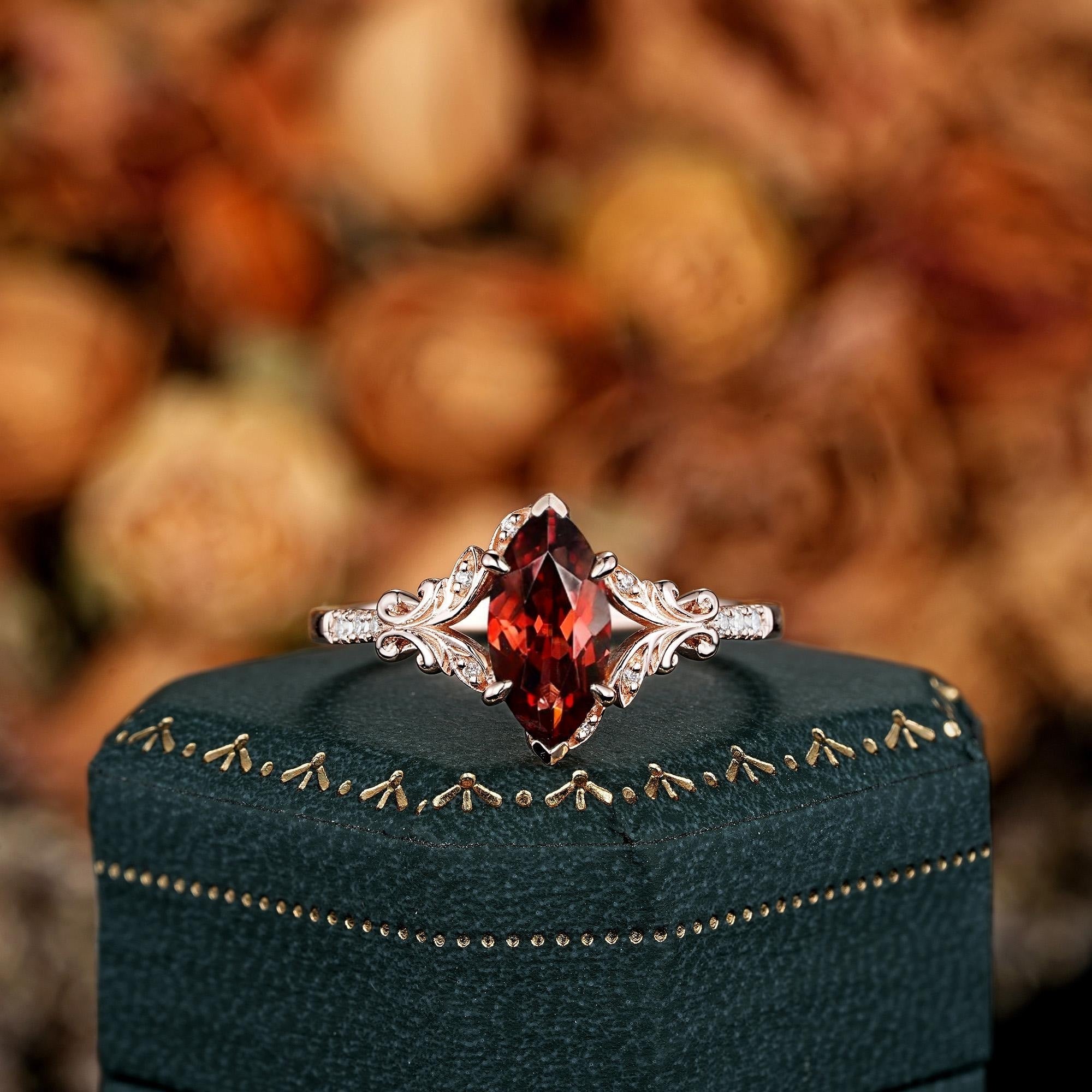 Vintage Marquise Cut Natural Red Garnet Engagement Ring Set Leaf Gold Women Bridal Promise Ring - anerjuly