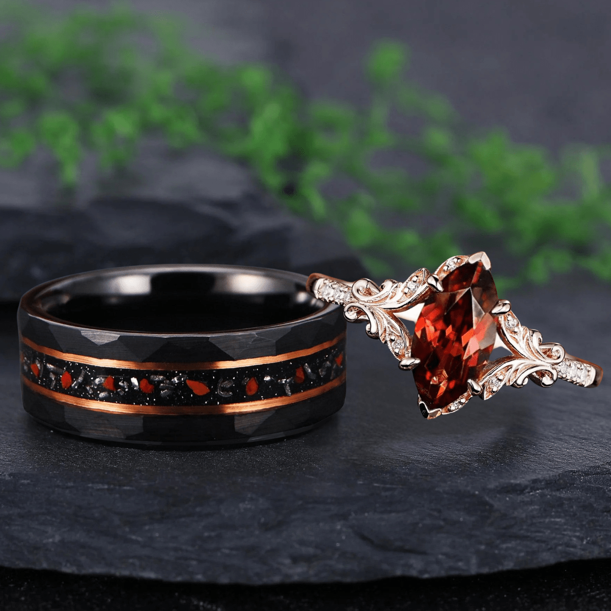 Vintage Marquise Cut Red Garnet Couple Rings Cluster Ring Nature Inspired Leaf Engagement Ring Set for Women - anerjuly