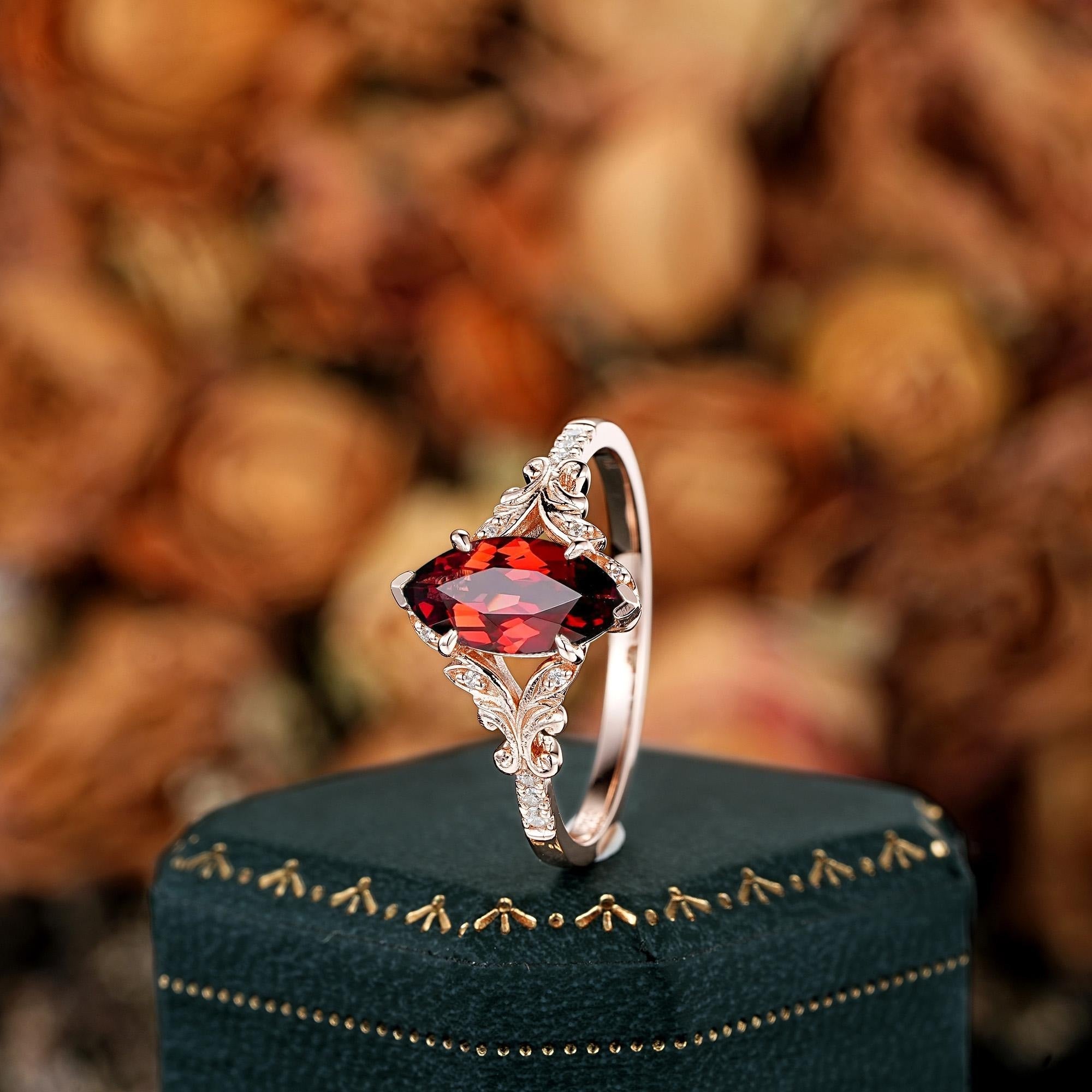 Vintage Marquise Cut Red Garnet Couple Rings Cluster Ring Nature Inspired Leaf Engagement Ring Set for Women - anerjuly