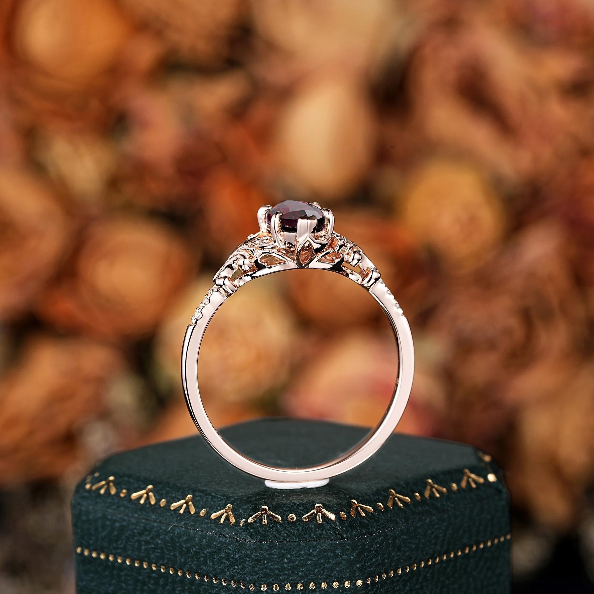 Vintage Marquise Cut Red Garnet Couple Rings Cluster Ring Nature Inspired Leaf Engagement Ring Set for Women - anerjuly