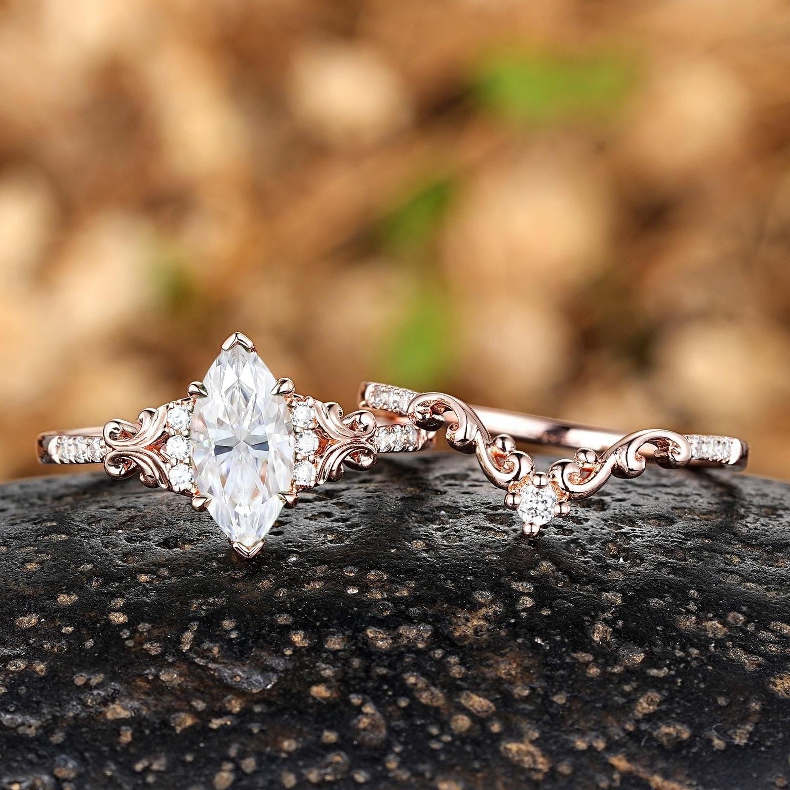 Vintage Marquise Moissanite Engagement Ring Set Yellow Gold Women Anniversary Promise Ring - anerjuly