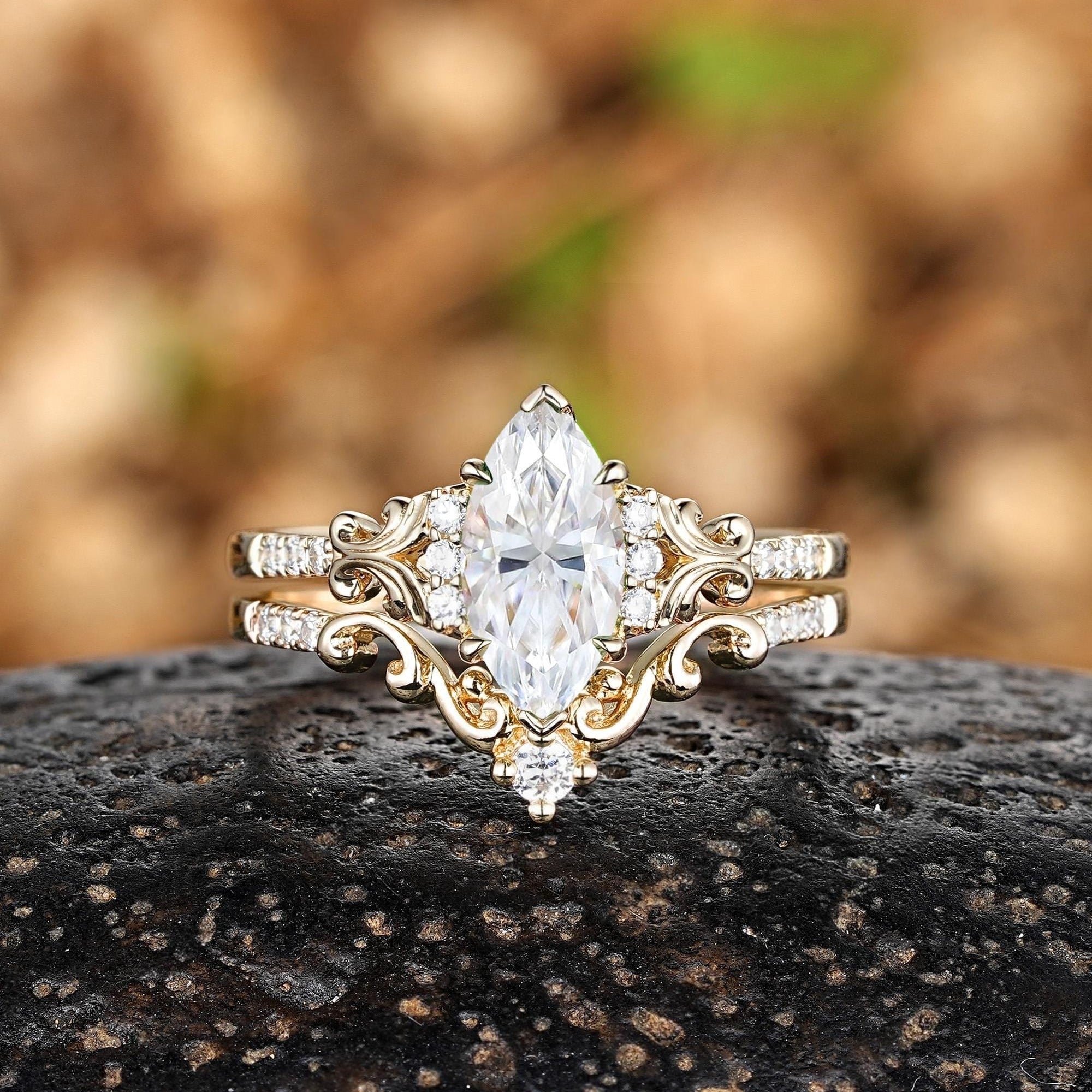 Vintage Marquise Moissanite Engagement Ring Set Yellow Gold Women Anniversary Promise Ring - anerjuly