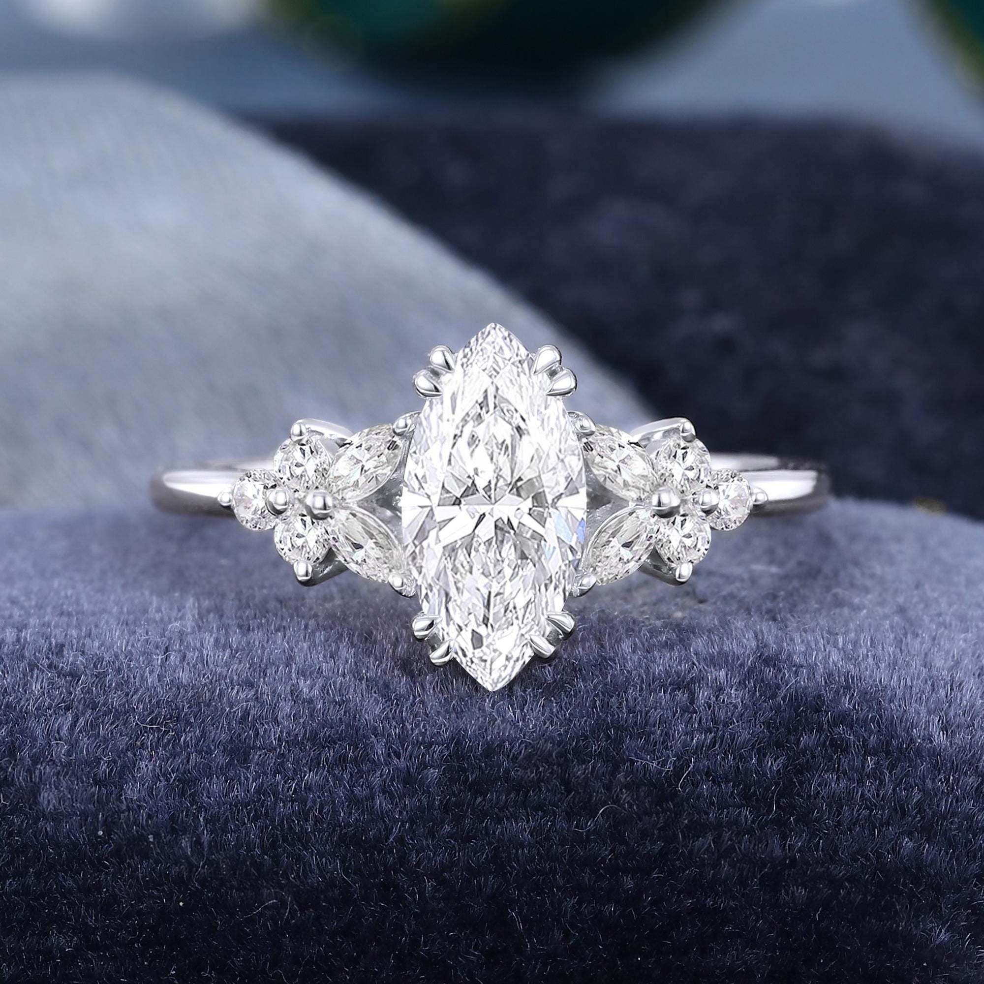 Vintage Marquise Shaped Moissanite Engagement Ring Cluster Ring Art Deco Ring - anerjuly