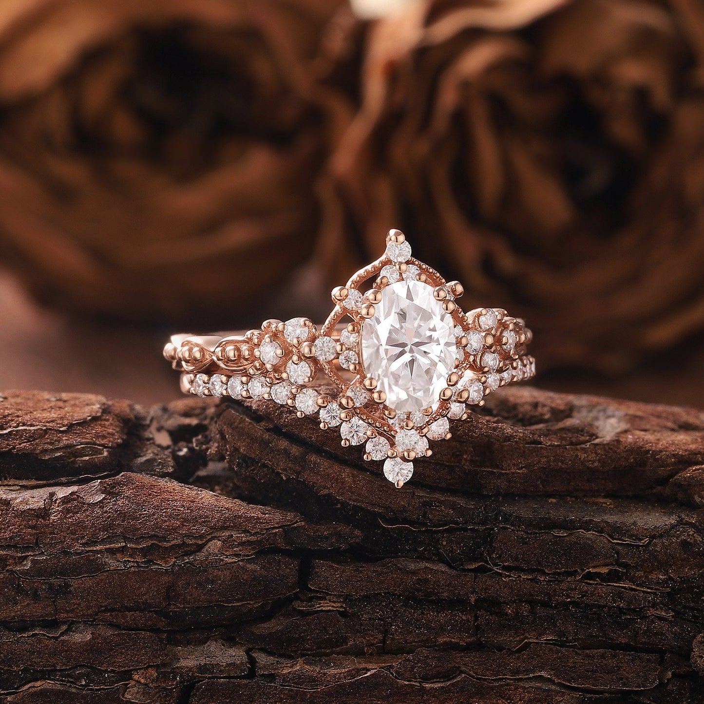Vintage Moissanite Engagement Ring Set Oval Moissanite Ring Dainty Rose Gold Ring Bridal Set Diamond Ring Unique Ring Promise Ring for Women - anerjuly