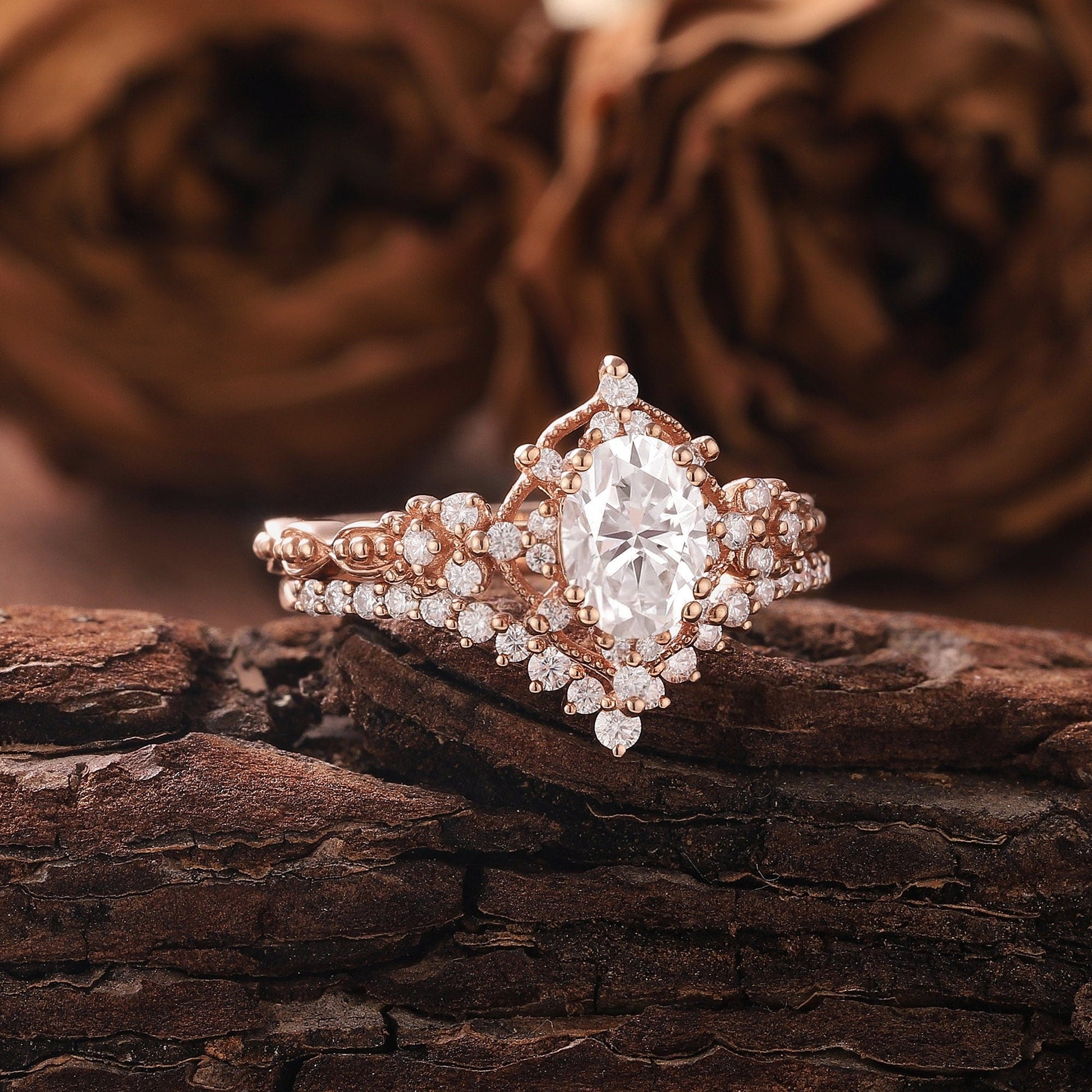 Vintage Moissanite Engagement Ring Set Oval Moissanite Ring Dainty Rose Gold Ring Bridal Set Diamond Ring Unique Ring Promise Ring for Women - anerjuly