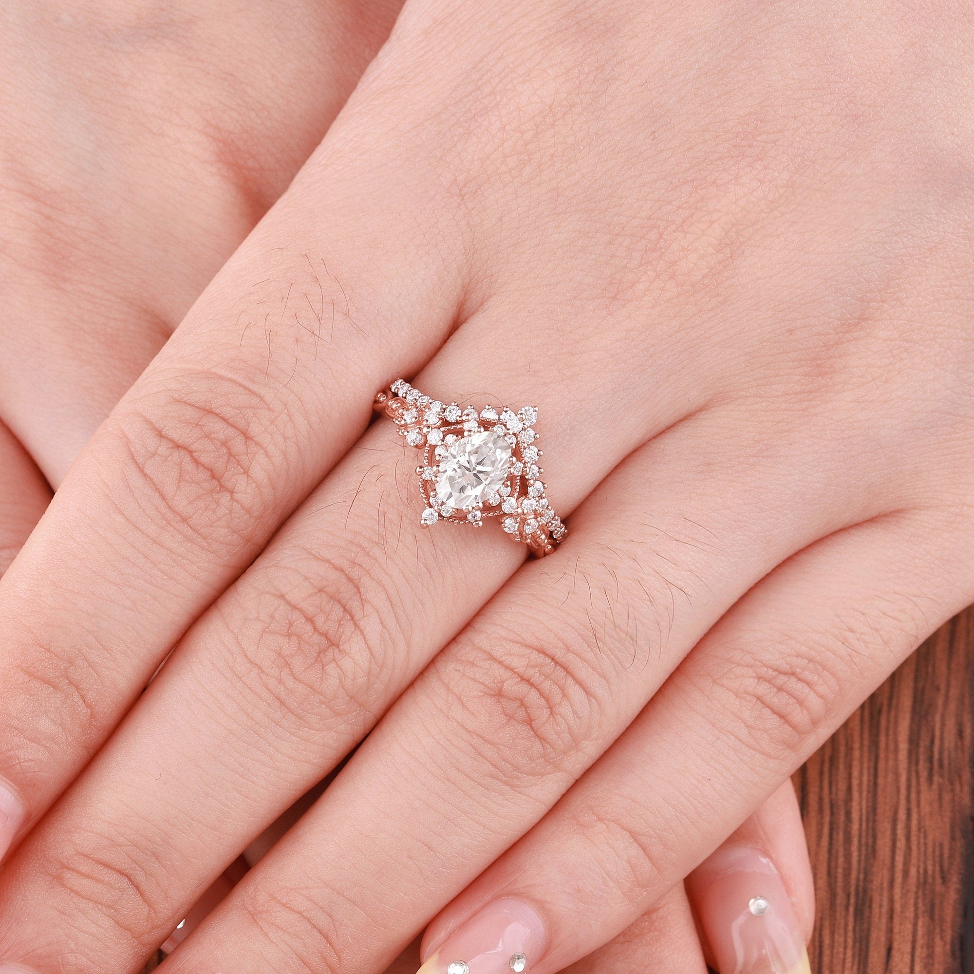 Vintage Moissanite Engagement Ring Set Oval Moissanite Ring Dainty Rose Gold Ring Bridal Set Diamond Ring Unique Ring Promise Ring for Women - anerjuly