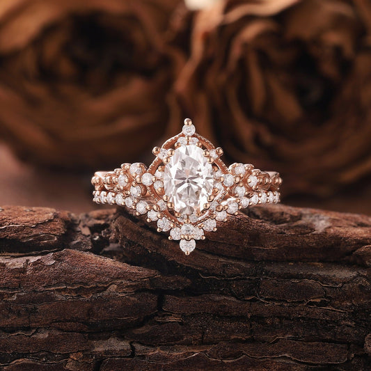 Vintage Moissanite Engagement Ring Set Oval Moissanite Ring Dainty Rose Gold Ring Bridal Set Diamond Ring Unique Ring Promise Ring for Women - anerjuly