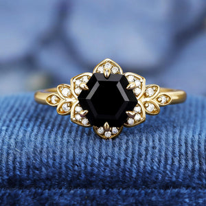 Vintage Natural Couple Ring Matching Wedding Band Black Onyx Engagement Ring Black Onyx Ring Set - anerjuly