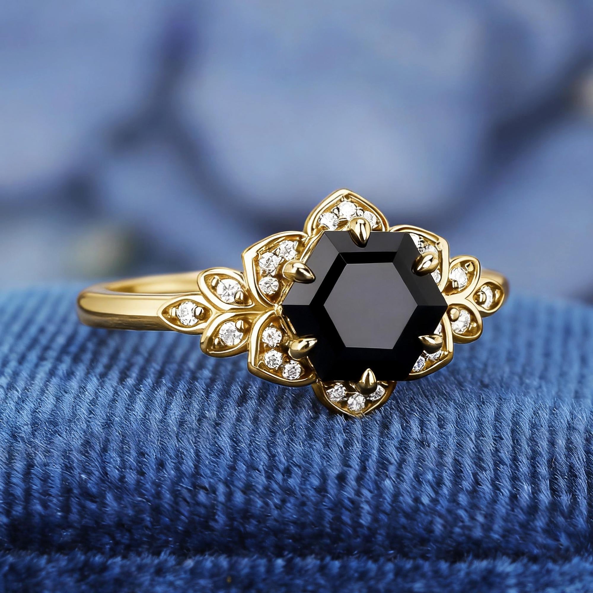 Vintage Natural Couple Ring Matching Wedding Band Black Onyx Engagement Ring Black Onyx Ring Set - anerjuly
