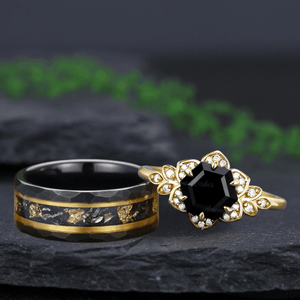 Vintage Natural Couple Ring Matching Wedding Band Black Onyx Engagement Ring Black Onyx Ring Set - anerjuly