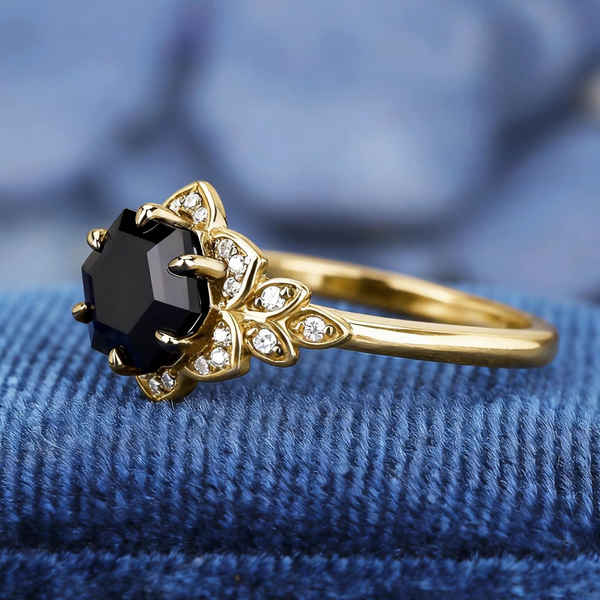 Vintage Natural Couple Ring Matching Wedding Band Black Onyx Engagement Ring Black Onyx Ring Set - anerjuly