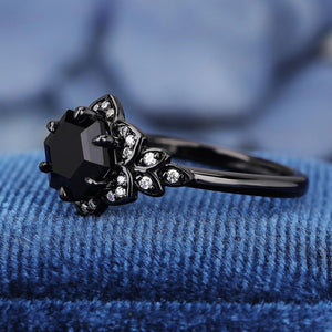 Vintage Natural Couple Ring Matching Wedding Band Black Onyx Engagement Ring Black Onyx Ring Set - anerjuly