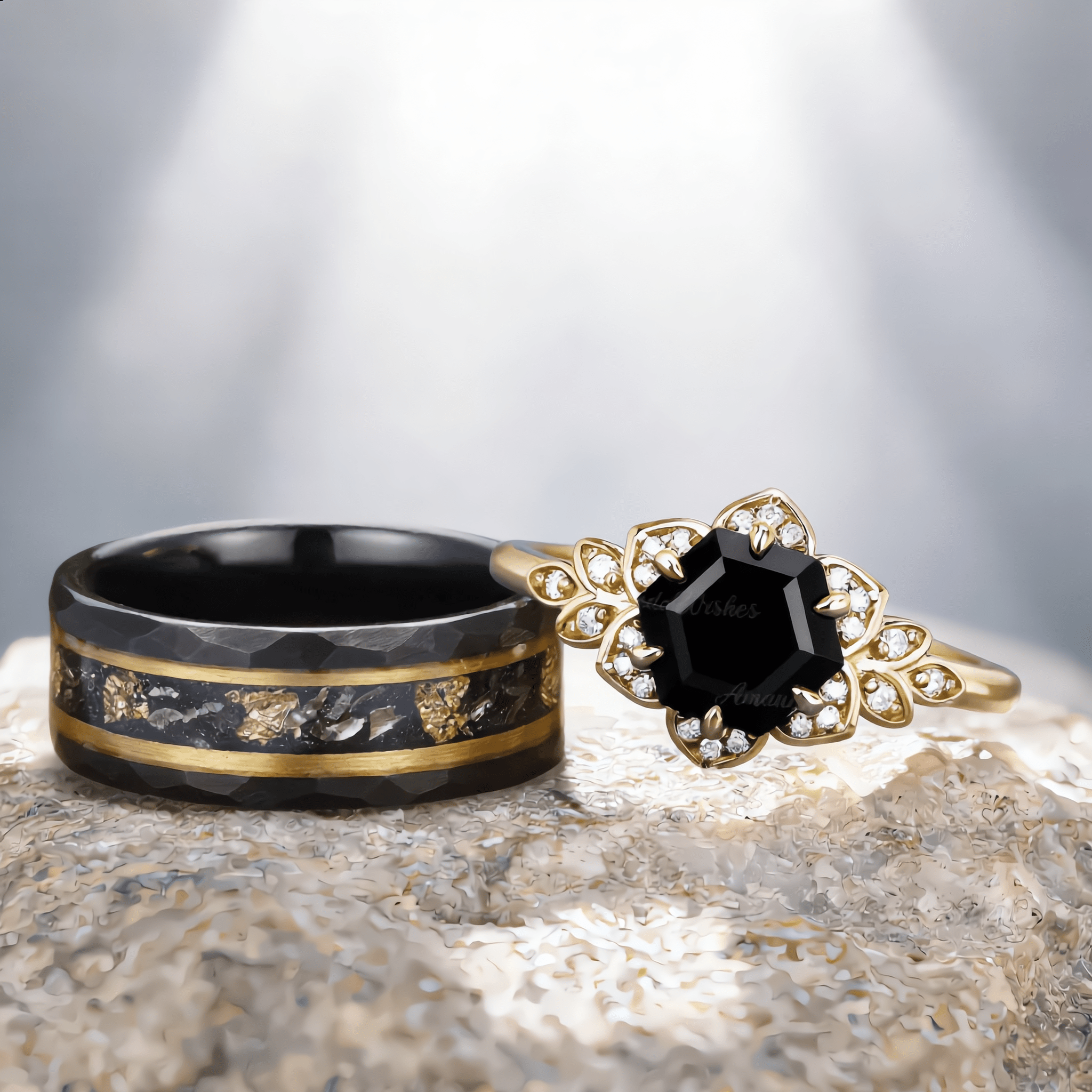 Vintage Natural Couple Ring Matching Wedding Band Black Onyx Engagement Ring Black Onyx Ring Set - anerjuly