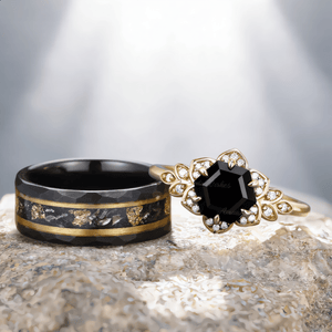 Vintage Natural Couple Ring Matching Wedding Band Black Onyx Engagement Ring Black Onyx Ring Set - anerjuly