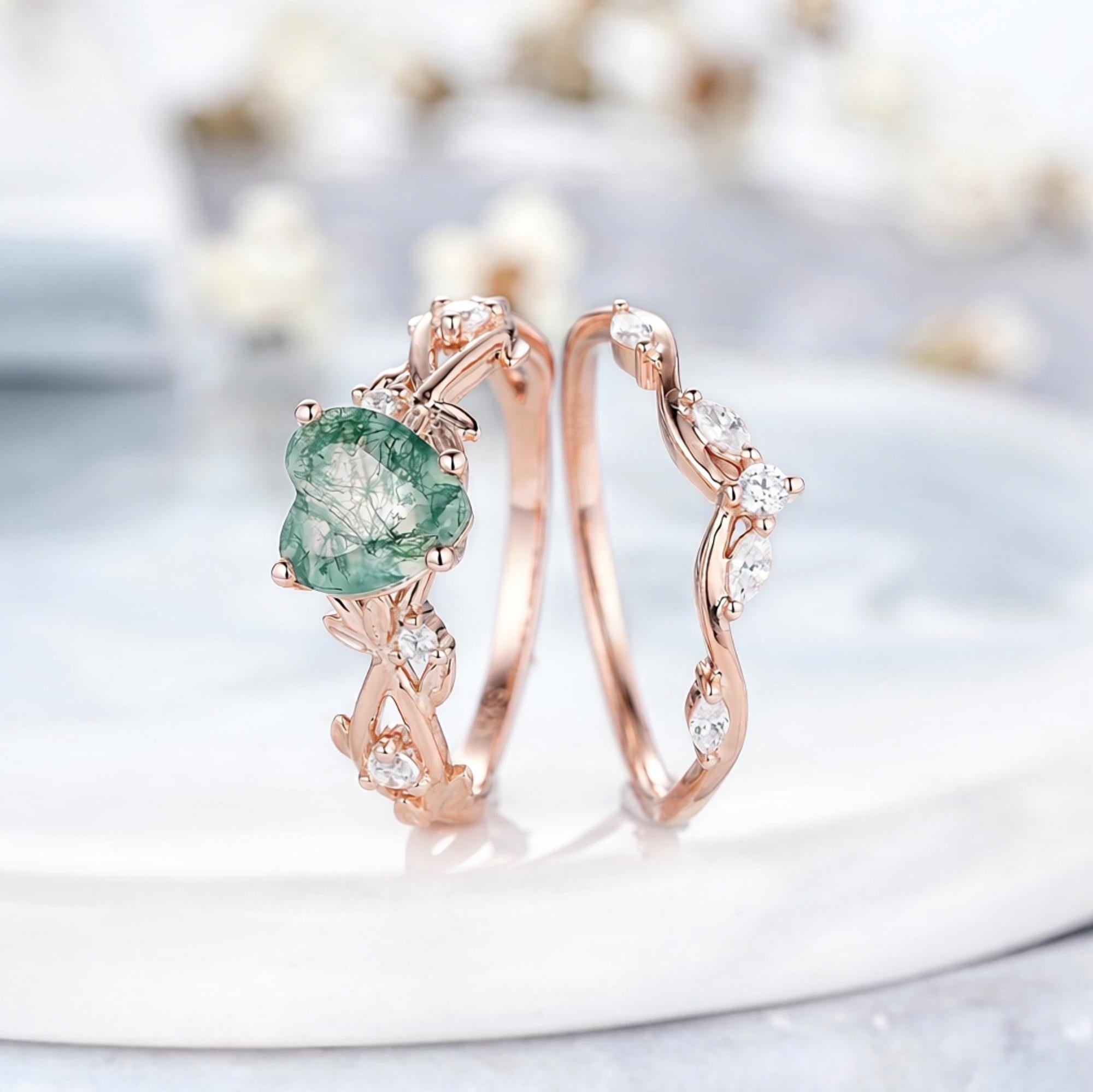Vintage Nature Heart Moss Agate Engagement Ring Set Rose Gold Leaf Branch Inspired Promise Rings - anerjuly