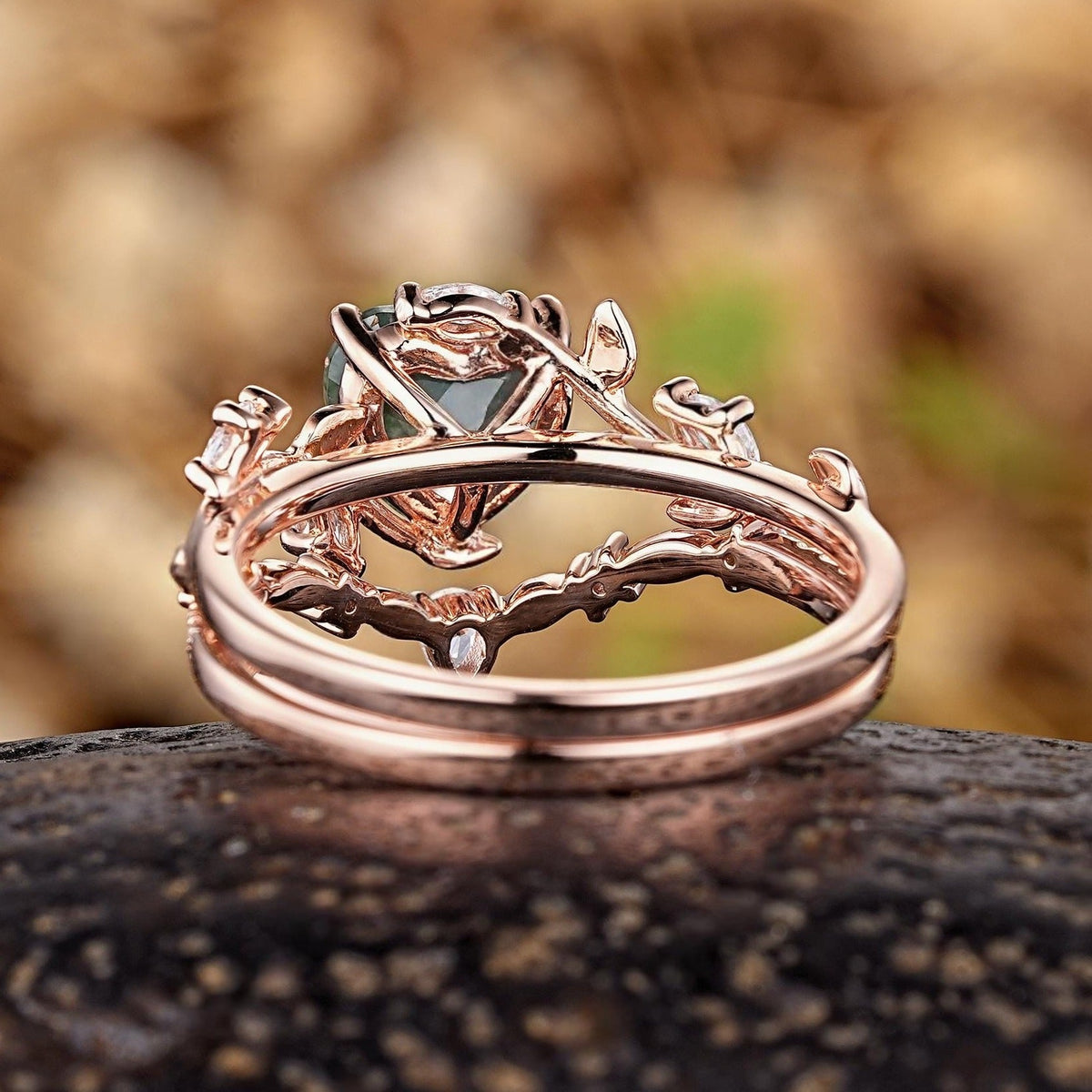 Vintage Nature Heart Moss Agate Engagement Ring Set Rose Gold Leaf Branch Inspired Promise Rings - anerjuly