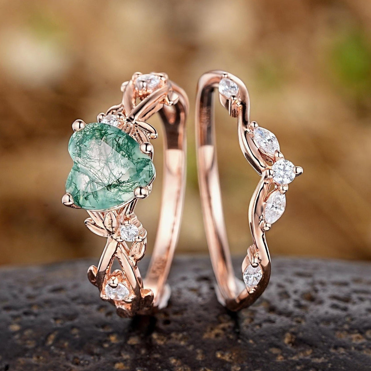 Vintage Nature Heart Moss Agate Engagement Ring Set Rose Gold Leaf Branch Inspired Promise Rings - anerjuly