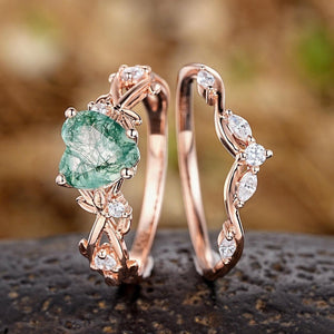 Vintage Nature Heart Moss Agate Engagement Ring Set Rose Gold Leaf Branch Inspired Promise Rings - anerjuly