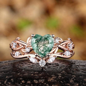 Vintage Nature Heart Moss Agate Engagement Ring Set Rose Gold Leaf Branch Inspired Promise Rings - anerjuly