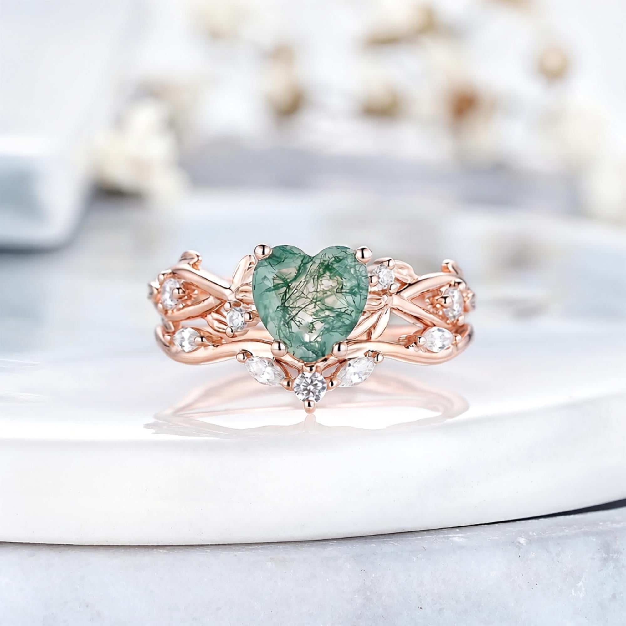 Vintage Nature Heart Moss Agate Engagement Ring Set Rose Gold Leaf Branch Inspired Promise Rings - anerjuly
