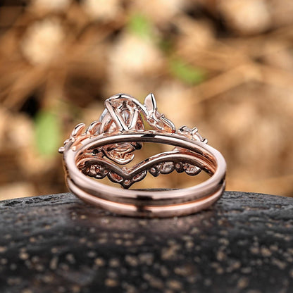 Vintage Nature - Inspired Rose Gold Pear Moissanite Engagement Ring Set - anerjuly