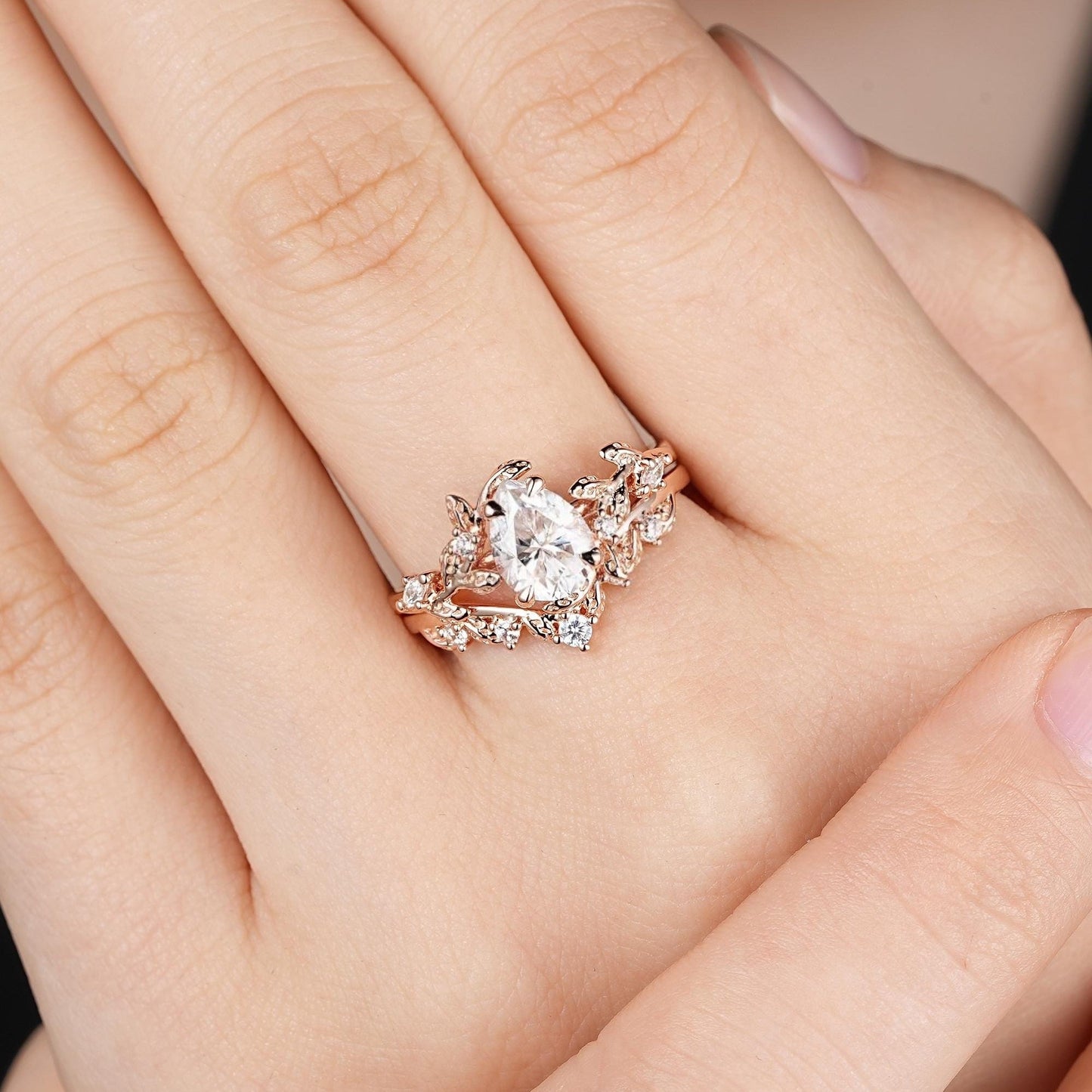Vintage Nature - Inspired Rose Gold Pear Moissanite Engagement Ring Set - anerjuly