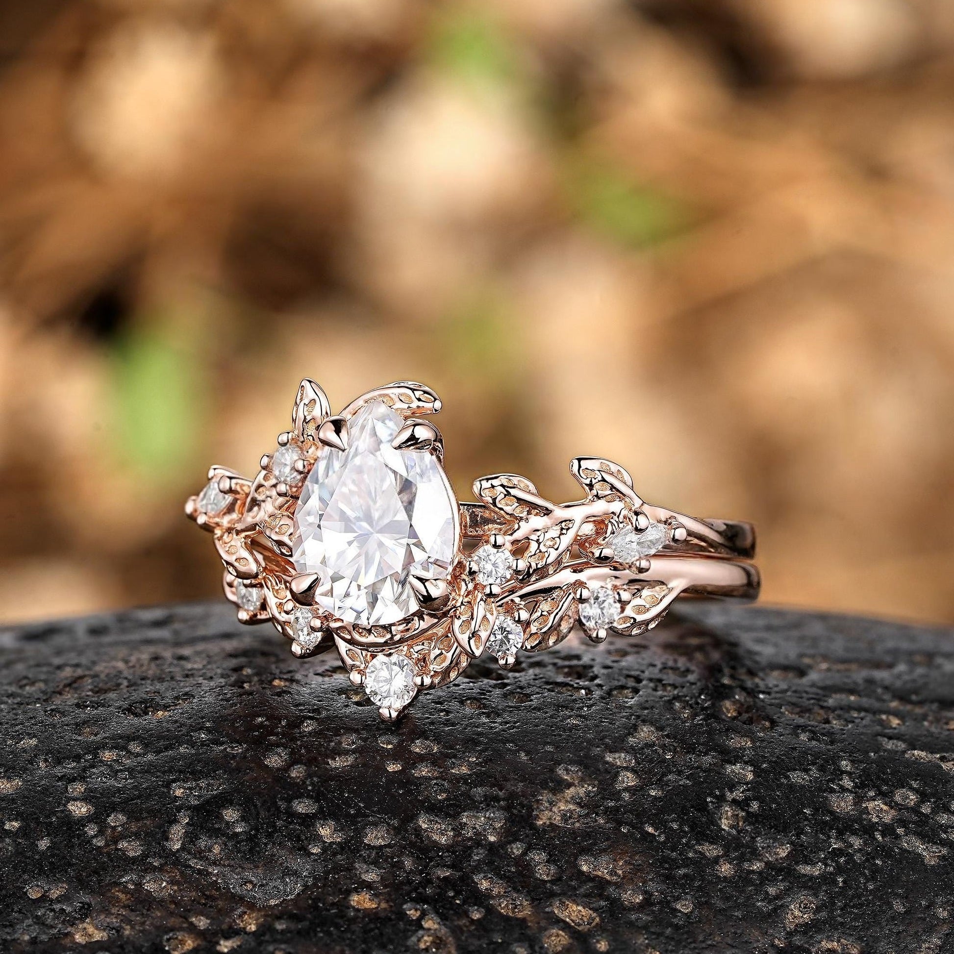 Vintage Nature - Inspired Rose Gold Pear Moissanite Engagement Ring Set - anerjuly