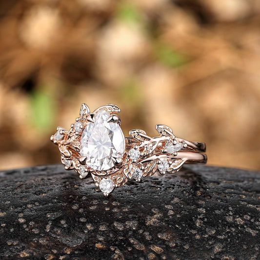 Vintage Nature - Inspired Rose Gold Pear Moissanite Engagement Ring Set - anerjuly
