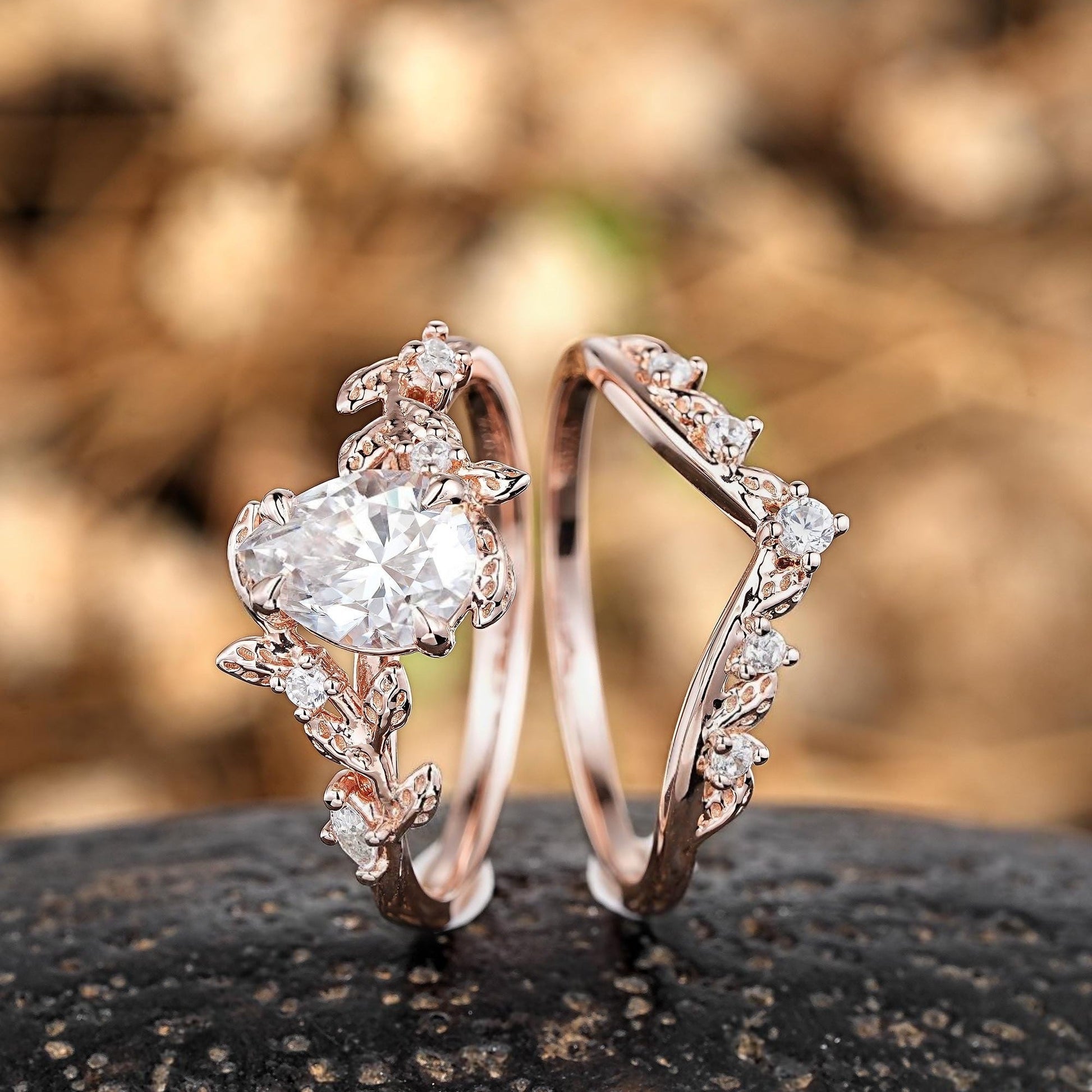 Vintage Nature - Inspired Rose Gold Pear Moissanite Engagement Ring Set - anerjuly
