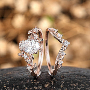 Vintage Nature - Inspired Rose Gold Pear Moissanite Engagement Ring Set - anerjuly