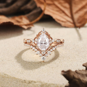 Vintage Nature - Inspired Rose Gold Pear Moissanite Engagement Ring Set Bridal Set - anerjuly