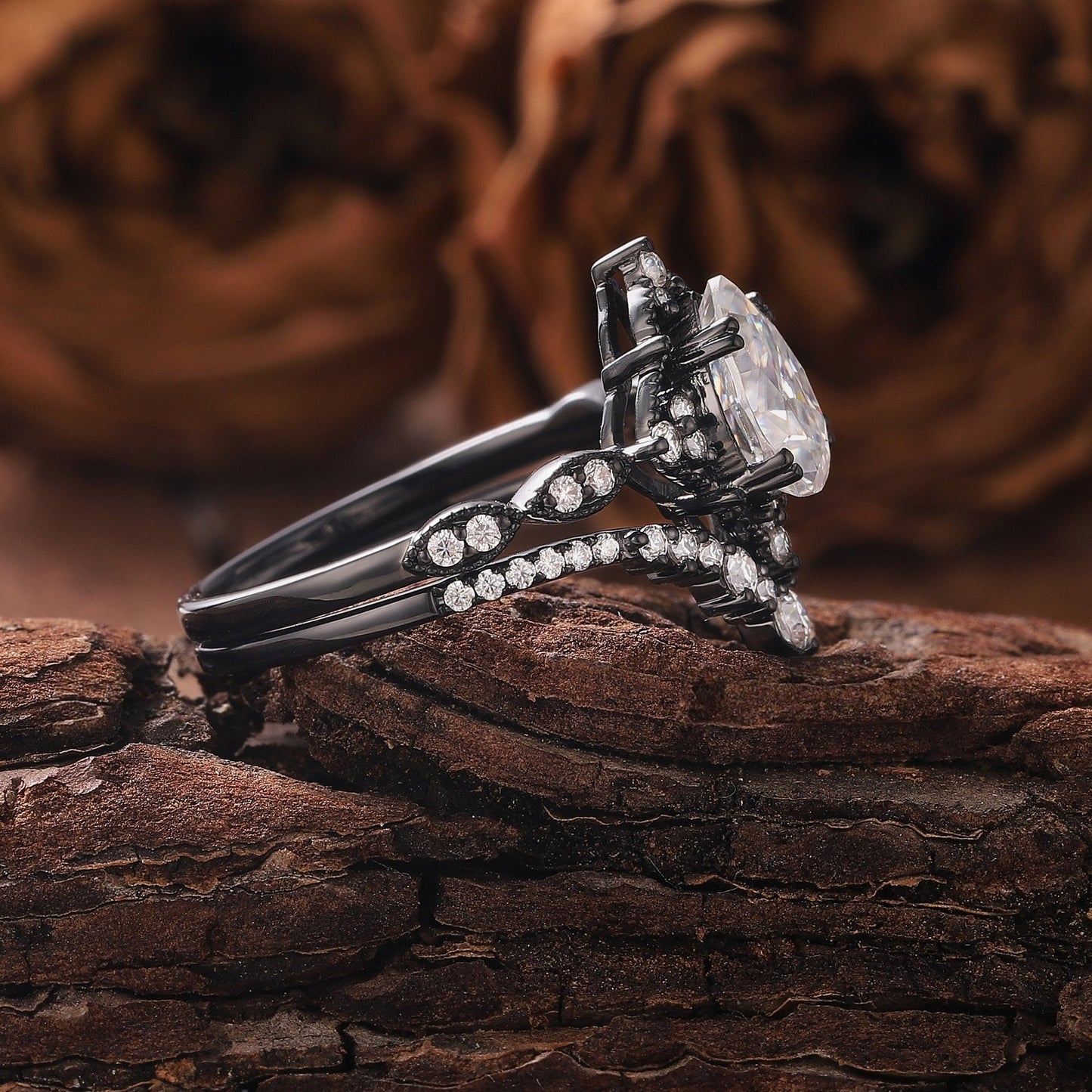 Vintage Nature - Inspired Rose Gold Pear Moissanite Engagement Ring Set Bridal Set - anerjuly