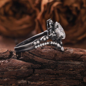 Vintage Nature - Inspired Rose Gold Pear Moissanite Engagement Ring Set Bridal Set - anerjuly