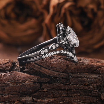 Vintage Nature - Inspired Rose Gold Pear Moissanite Engagement Ring Set Bridal Set - anerjuly