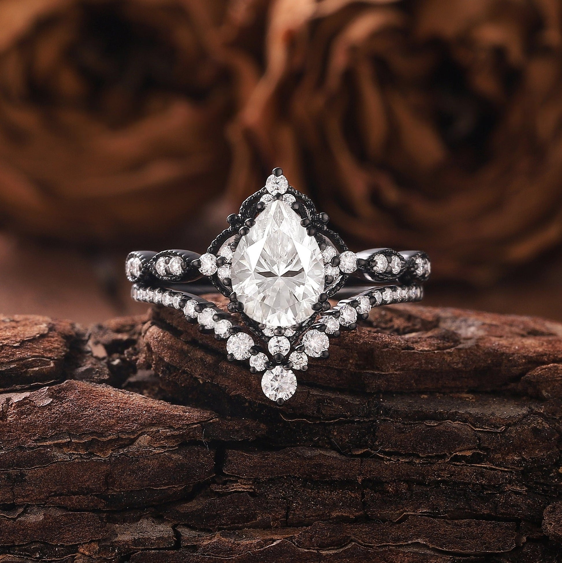 Vintage Nature - Inspired Rose Gold Pear Moissanite Engagement Ring Set Bridal Set - anerjuly
